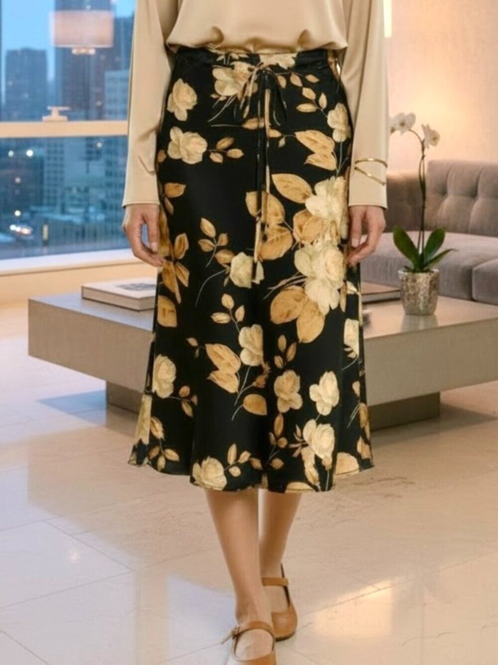 Loucia LA Midi Skirt Floral Black Tan Tie Waist (S)